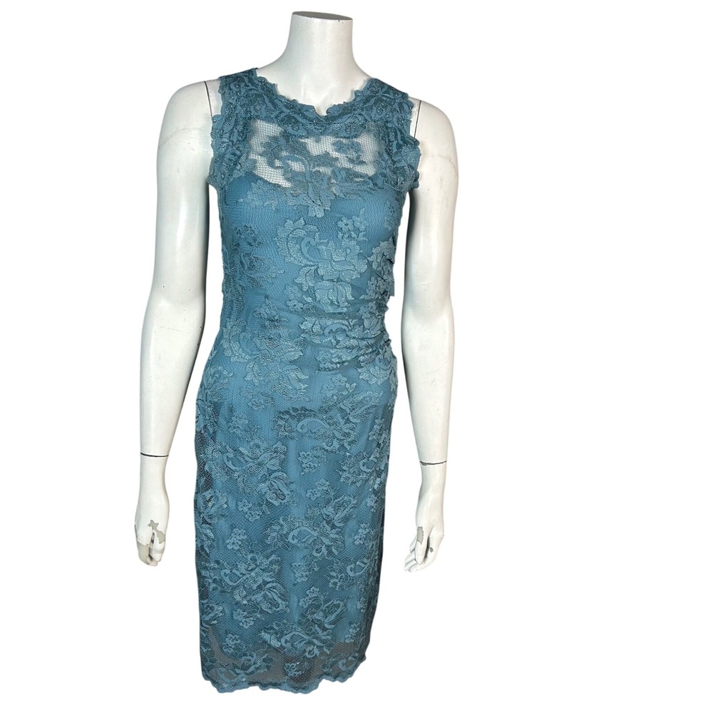 Romantic Lace Regency Dress Size 2 Olvi's Blue Floral Open Back Sheath Cocktail
